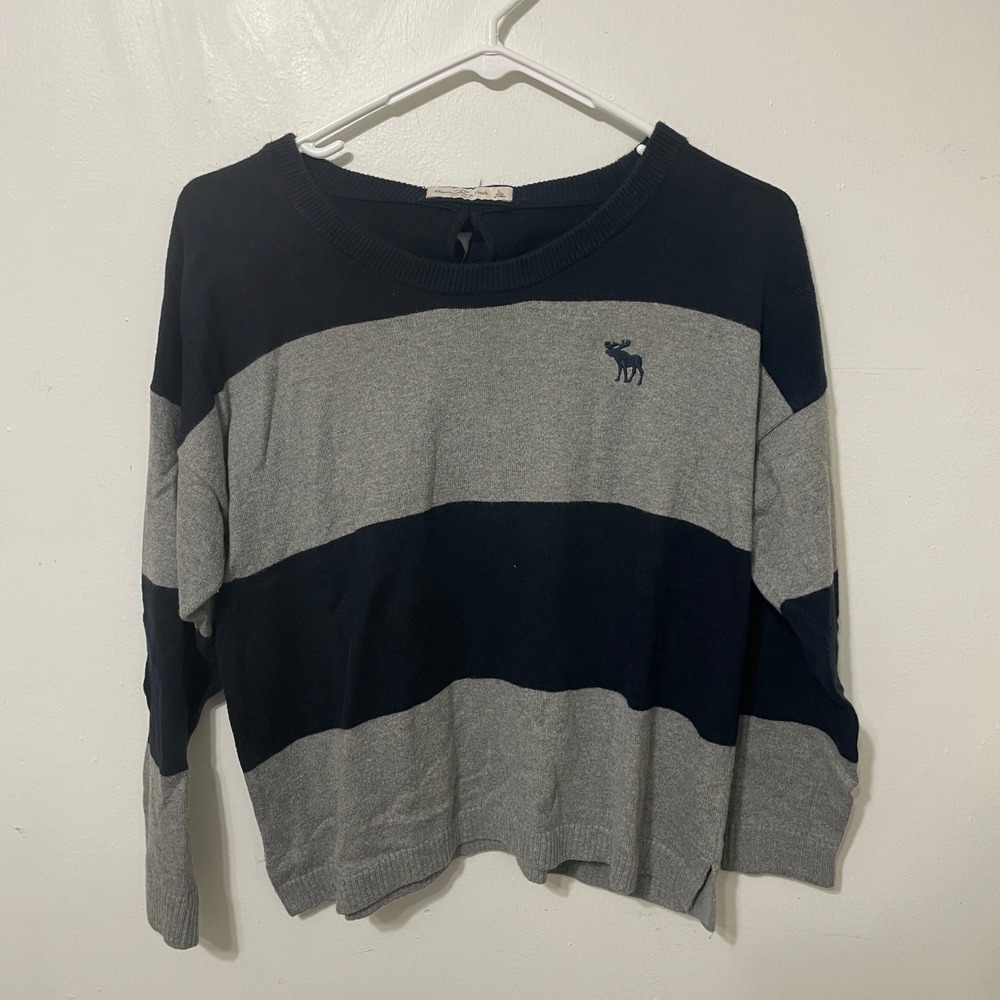 Abercrombie & Fitch Navy Gray Striped Knit Sweater Bow Back‎ Girls Large